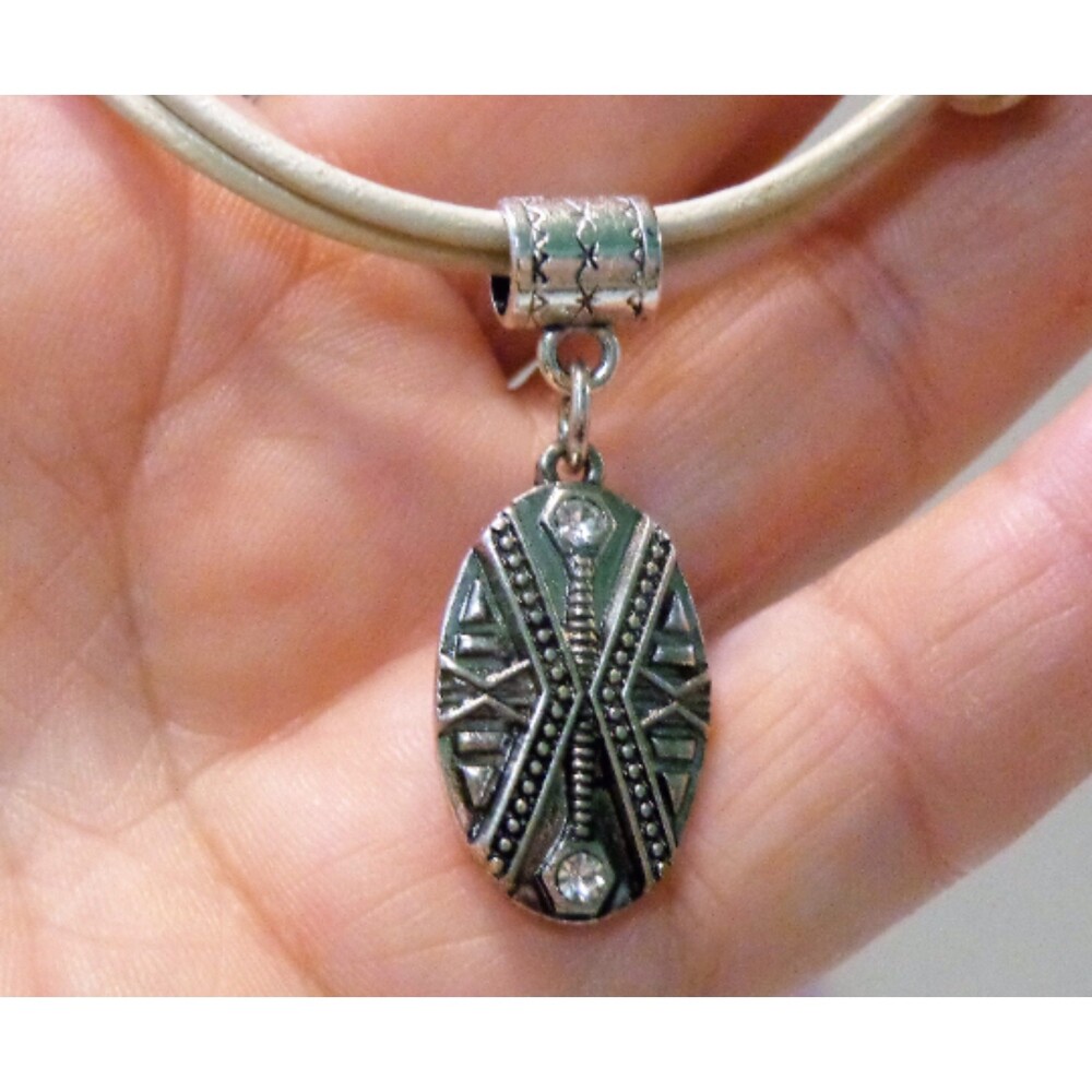 Rhinestone Oval charm Handknotted Italian beige leather Bracelet gift 7.5 inches